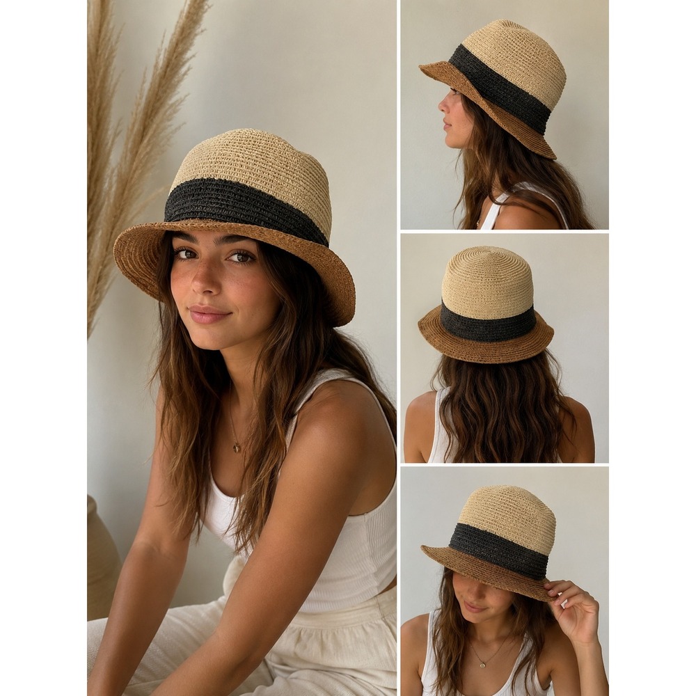 Cruise Club Hat Men TriColor Blocked Straw Sun Cream Navy Tan Packable Summer